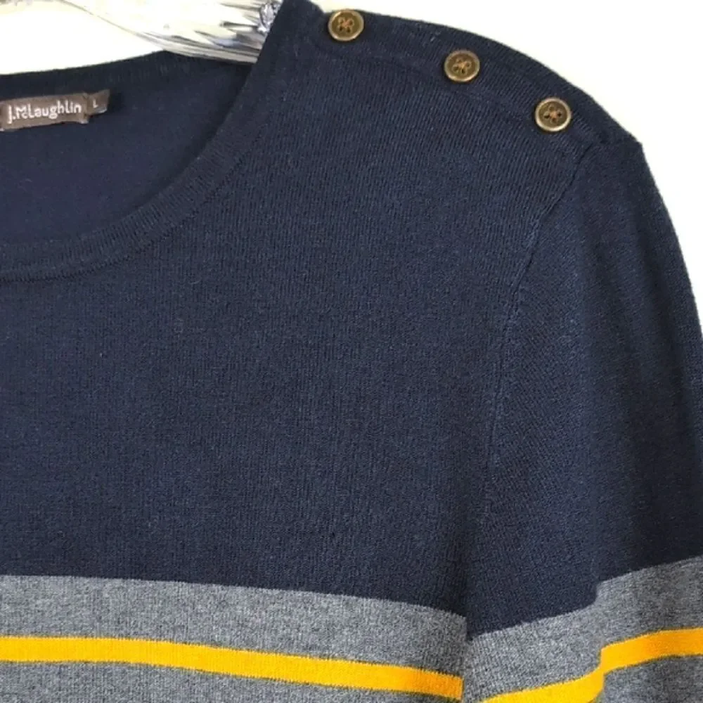 J.McLaughlin Navy Crew Neck Striped Sweater Shoulder Button Detail Size L